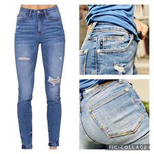 Judy Blue High Rise Skinny Fit Distressed Rainbow Embroidery Pocket Jeans